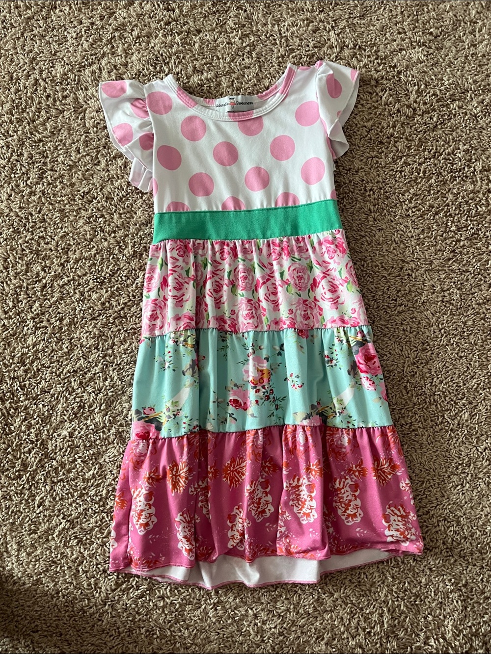 Girls Pink & Aqua Tiered Floral Polka Dot Dress